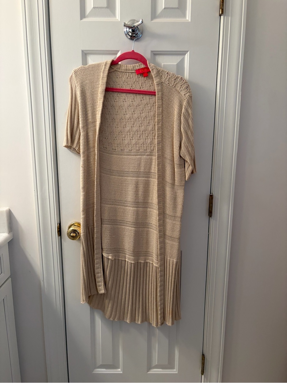 Light Cream Open-Front Short-Sleeve Knit Cardigan